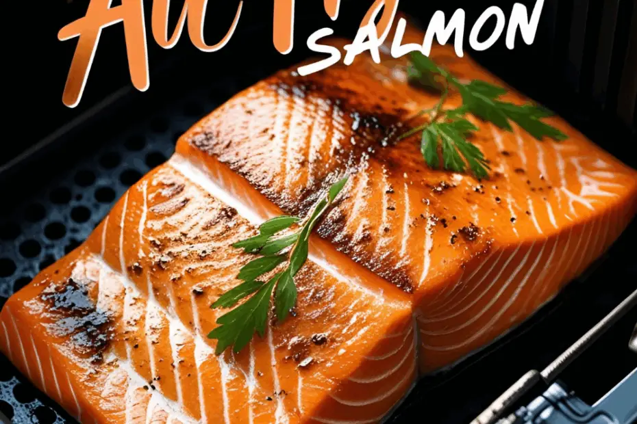 Golden air-fried salmon filet garnished with herbs and lemon wedge