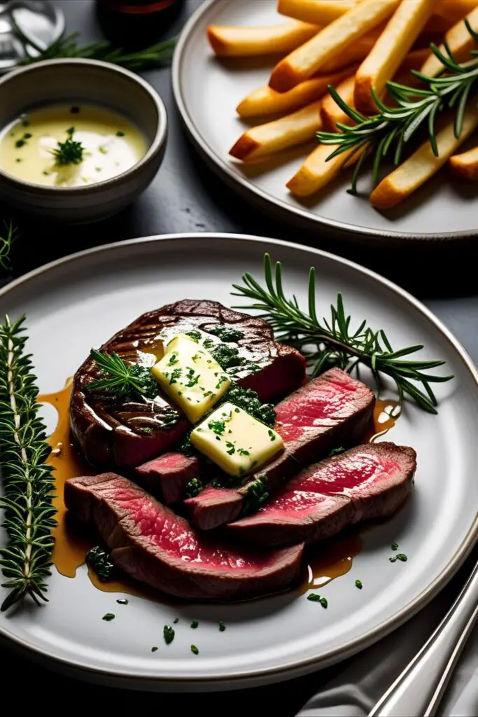 Herb-butter melting on a juicy air fryer steak on a cutting board
