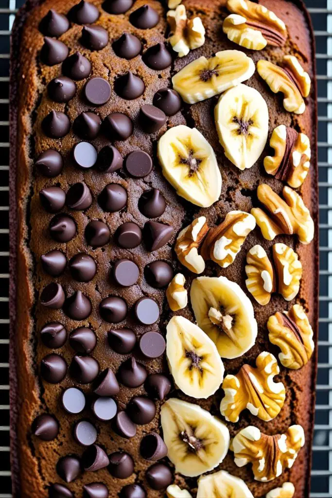 A loaf of almond flour banana bread on cooling rack with chocolate chips and banana specks visible.