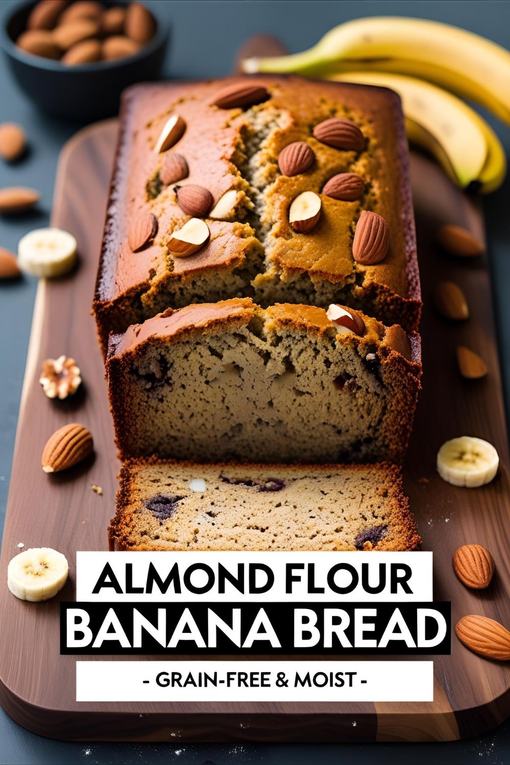 Sliced almond flour banana bread showing moist crumb and nuts on a wooden board.