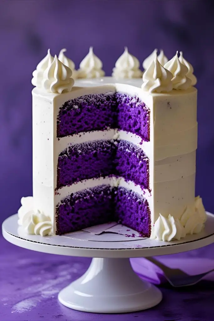 A fully assembled purple birthday cake on a stand with a slice taken out to show the rich purple color and texture of the inside layers.