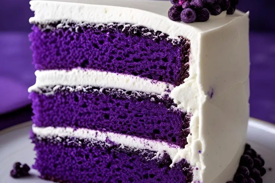 A slice of purple birthday cake with three layers and white frosting, showing the vibrant purple crumb. Text overlay says: "More Than Just a Pretty Cake".