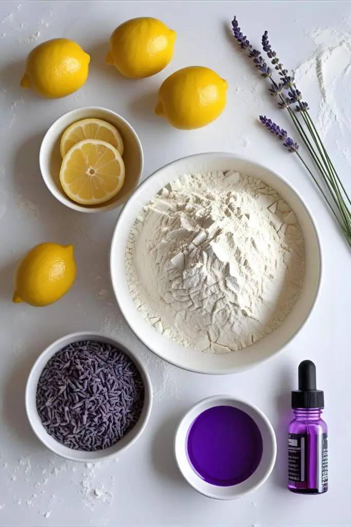 A flat-lay photo showing ingredients for the purple cake, including flour, fresh lemons, culinary lavender, and purple gel food coloring.