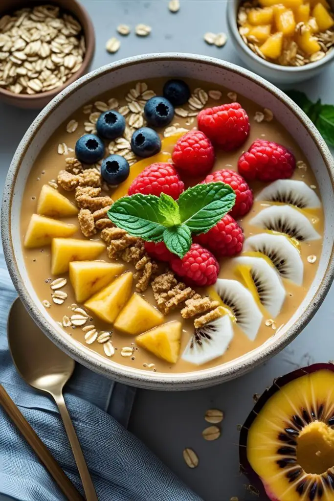  Beautiful smoothie bowl with golden turmeric, berries, chia topping