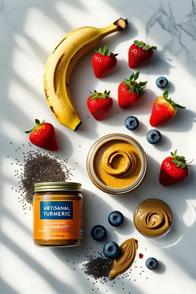  Close-up of smoothie bowl topped with berries and turmeric swirl
