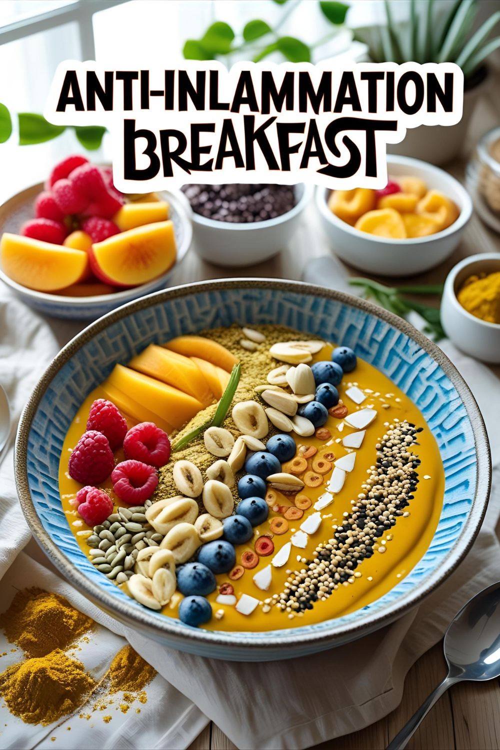 Vibrant smoothie bowl with turmeric color, berries, and chia seeds