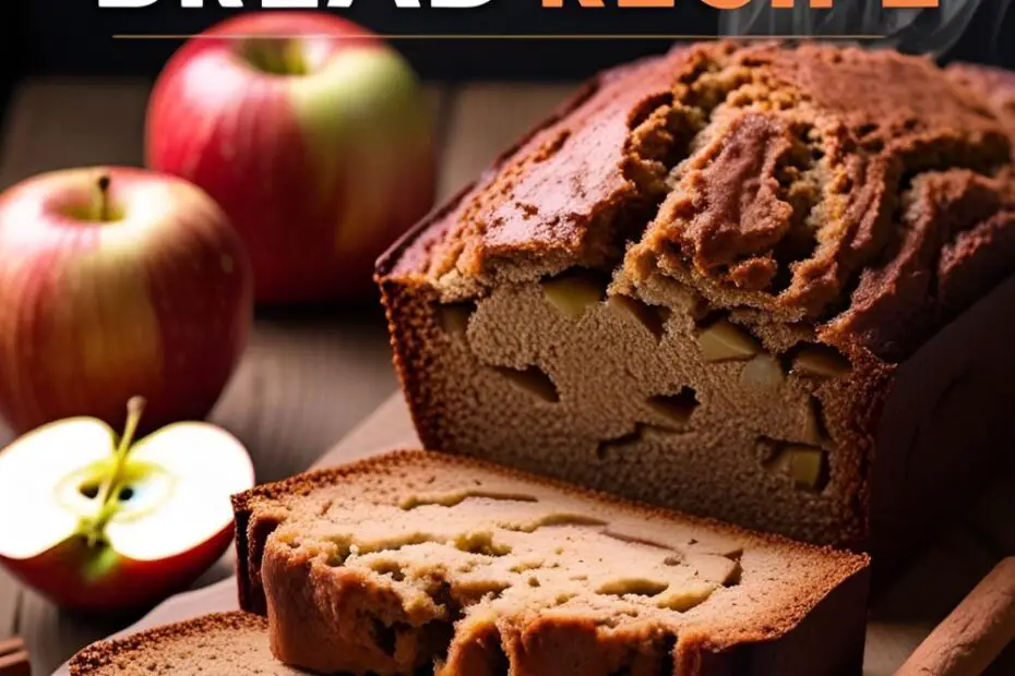 Warm apple cinnamon bread sliced on a wooden board with apple chunks and cinnamon visible inside.
