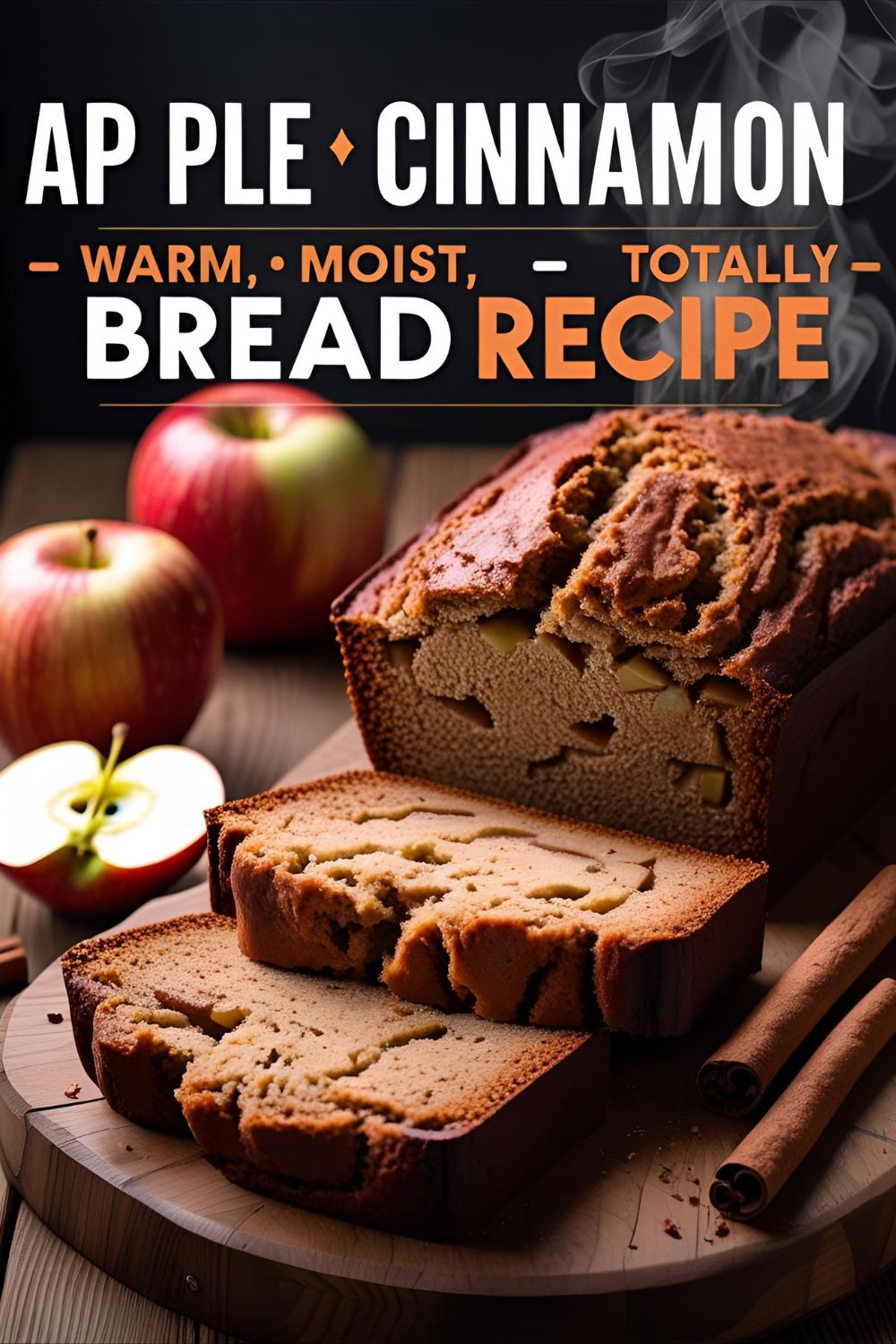Warm apple cinnamon bread sliced on a wooden board with apple chunks and cinnamon visible inside.
