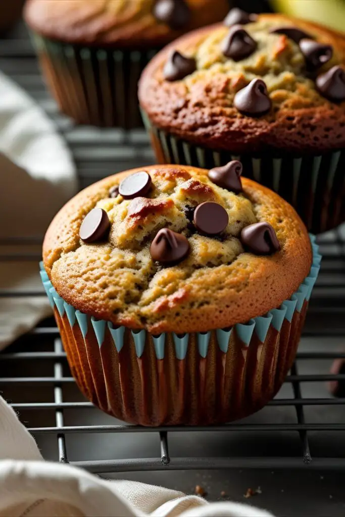 Golden banana bread muffin cut in half showing moist crumb.