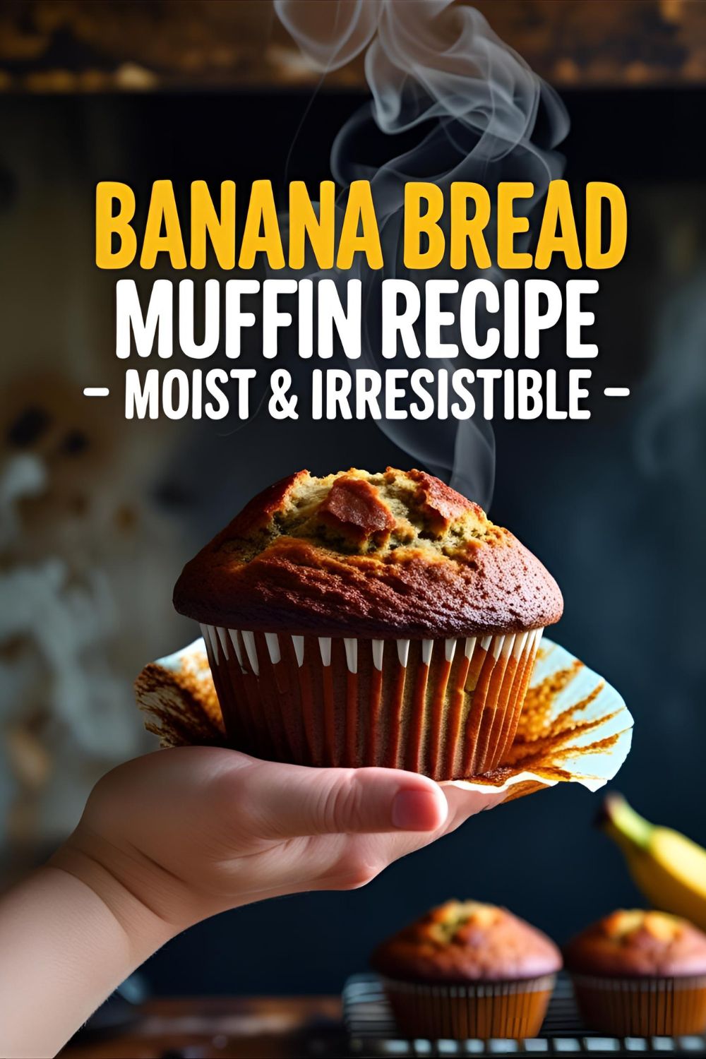 Close-up of a moist banana bread muffin with golden top and crumb.