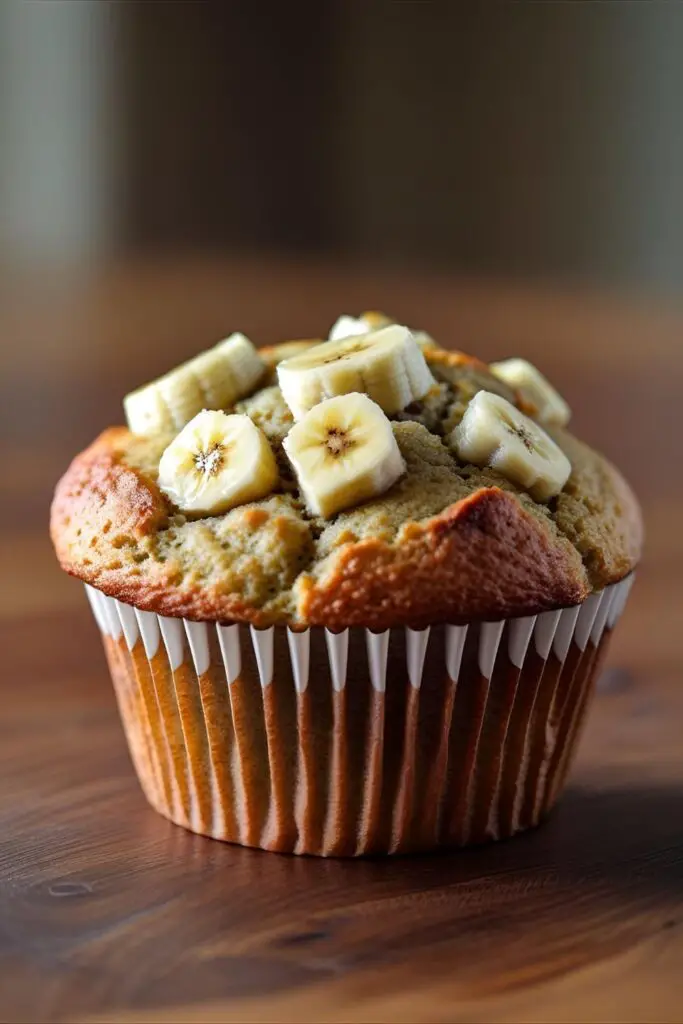 Single banana bread muffin with bite taken, showing moist interior