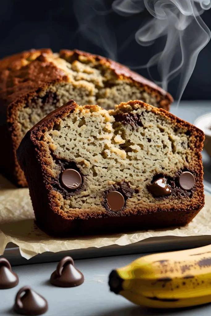 Close‐up of banana bread slice with a soft, moist crumb