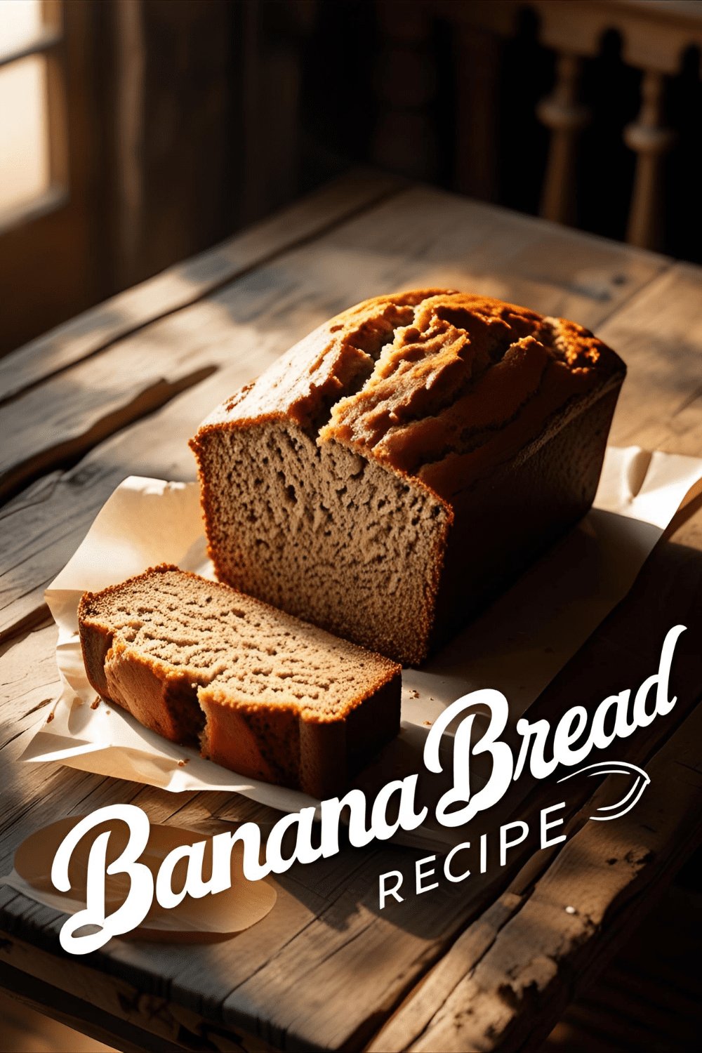 Moist banana bread loaf with chocolate chips and walnuts on a wooden board