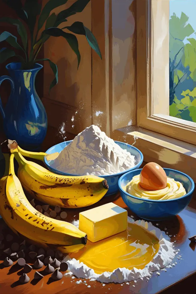 Sliced banana bread with nuts and melty chips beside a cup of coffee