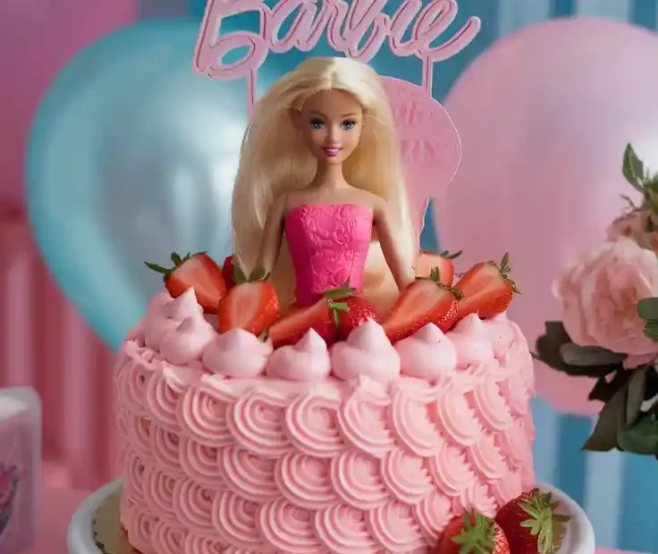 Barbie Birthday Cake with pink buttercream and doll topper