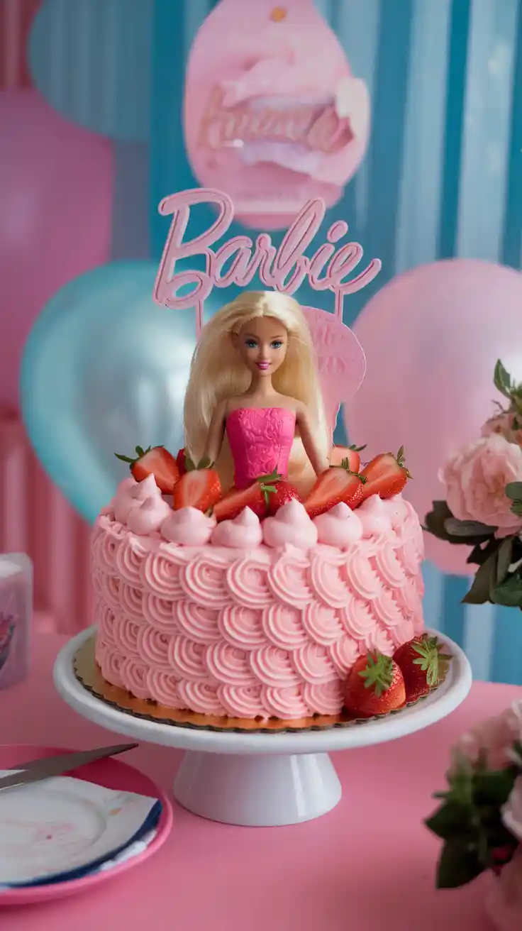 Barbie Birthday Cake with pink buttercream and doll topper