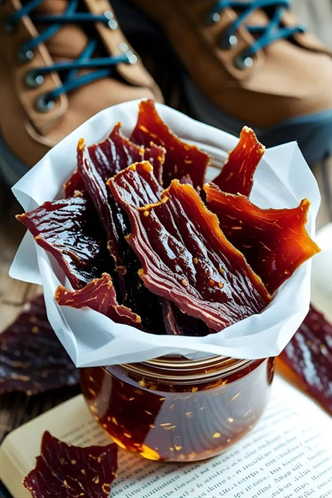 Close-up of beef jerky pieces in backpack pocket outdoors