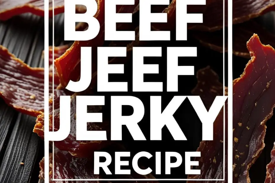 Jar of homemade beef jerky strips on a rustic wooden surface