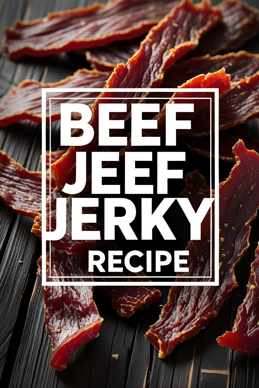 Jar of homemade beef jerky strips on a rustic wooden surface