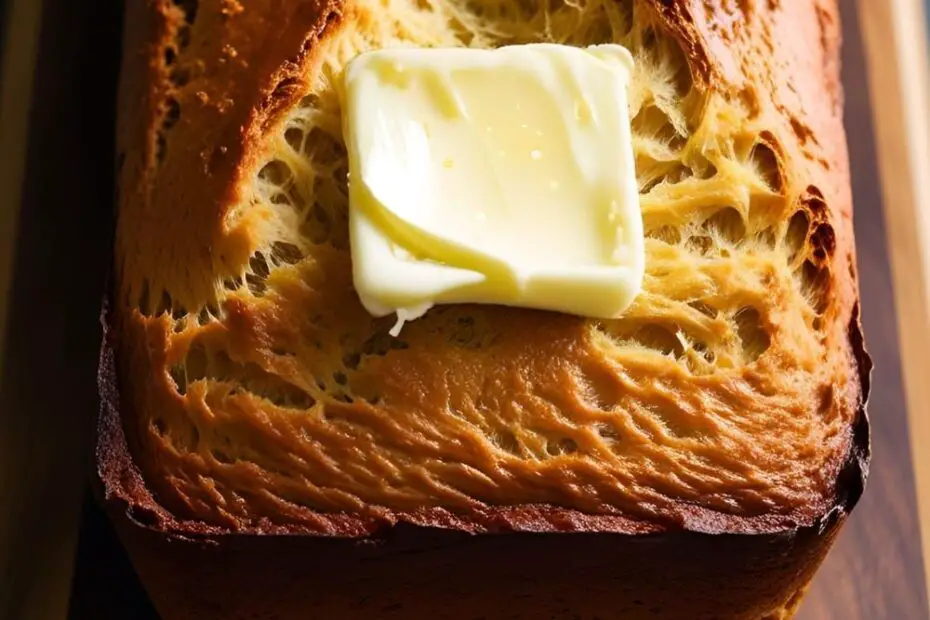 Sliced beer bread loaf with butter melting on top.
