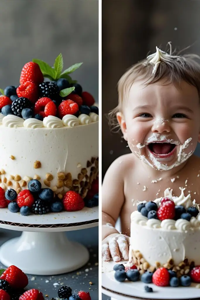 Two images showing a decorated berry first birthday cake and a baby enjoying a smash cake.