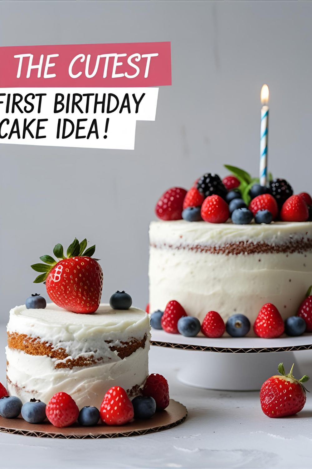 A smash cake and guest cake for a berry first birthday party with a text overlay.