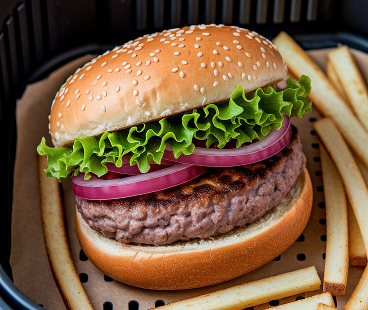 Golden cheese-topped air fryer burger with lettuce and tomato