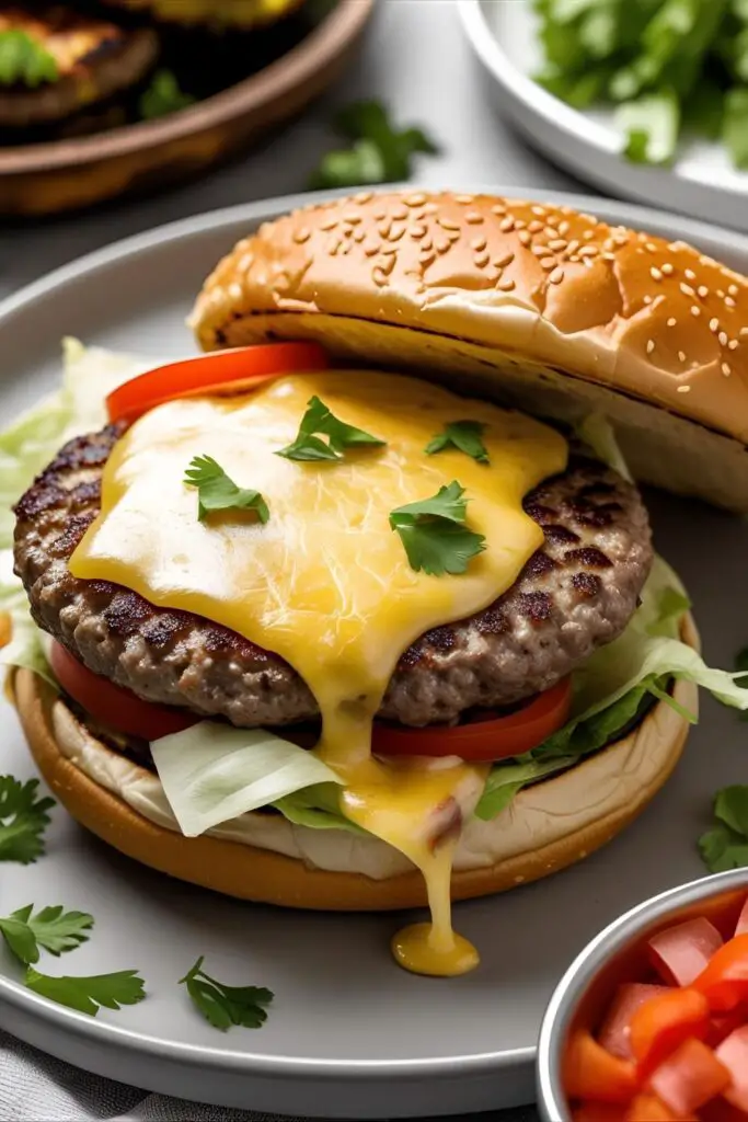 top view of loaded air fryer burger with cheese melting over patty