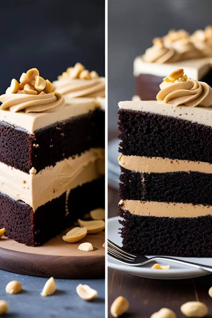  A split image showing two boyfriend birthday cake variations: one with a peanut butter frosting layer and one with a sophisticated espresso buttercream frosting.