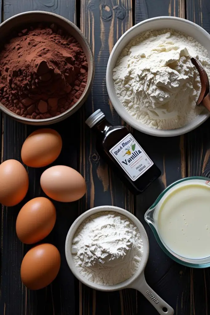  A flat lay collage showing the ingredients for a homemade chocolate birthday cake, including flour, cocoa, eggs, buttermilk, and vanilla on a rustic wood background.
