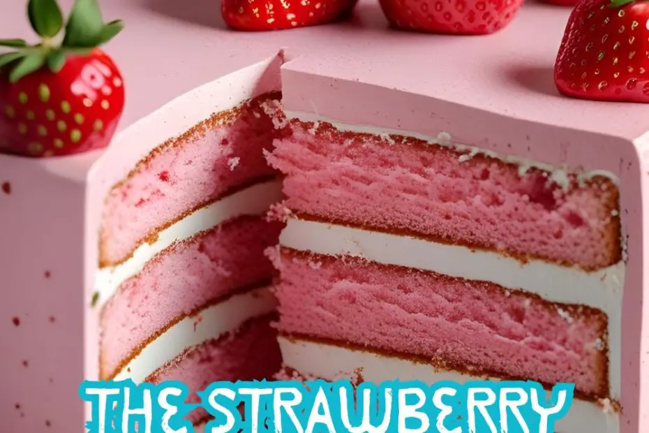 A beautiful layered strawberry birthday cake with a slice out and the text overlay "The Strawberry Birthday Cake You've Been Dreaming Of".