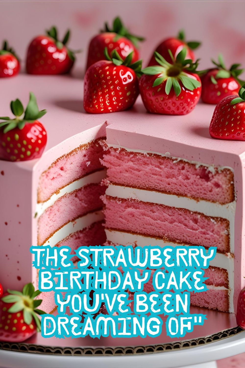 A beautiful layered strawberry birthday cake with a slice out and the text overlay "The Strawberry Birthday Cake You've Been Dreaming Of".