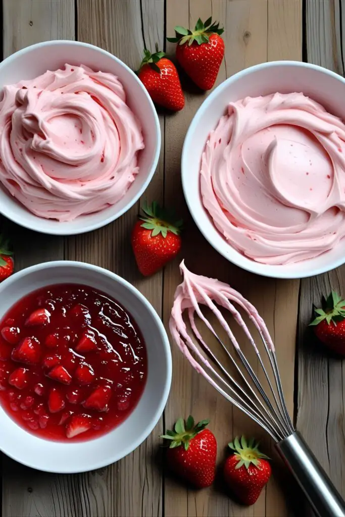 A collage of ingredients for a strawberry birthday cake, including fresh strawberries, strawberry reduction, and pink frosting.