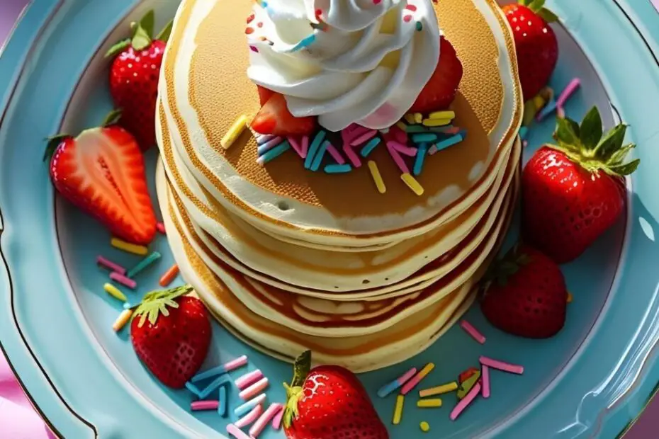 Stack of fluffy birthday pancakes with whipped cream and colorful sprinkles on a festive plate