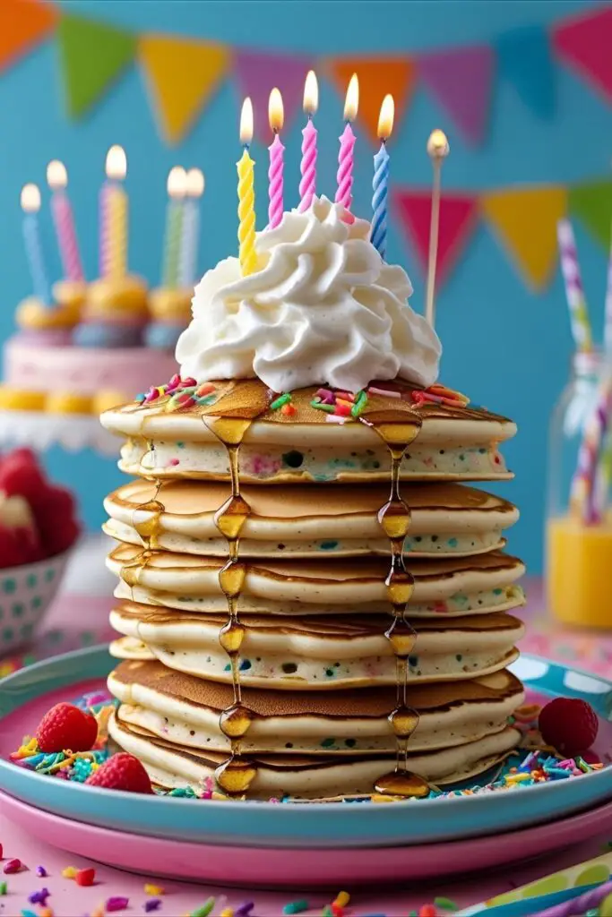 Stacked funfetti pancakes topped with whipped cream and colorful sprinkles on a brunch plate