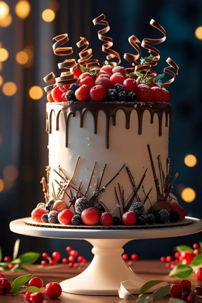  Side view of chocolate cake with buttercream swirls and berries
