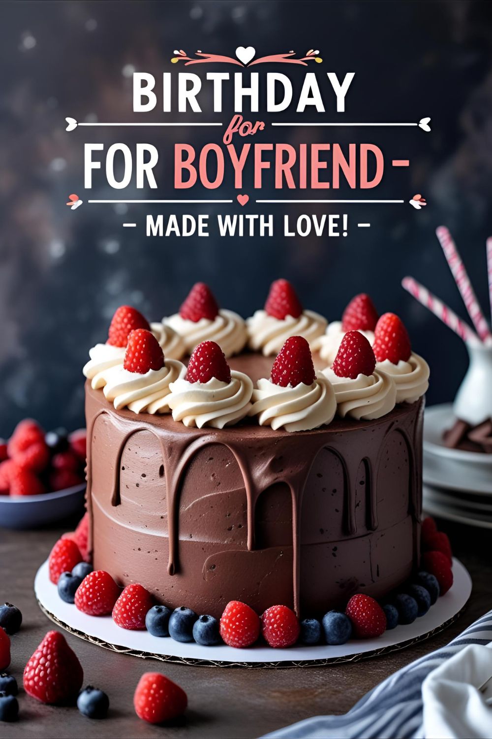 Chocolate layer cake with espresso buttercream swirls and fresh berries