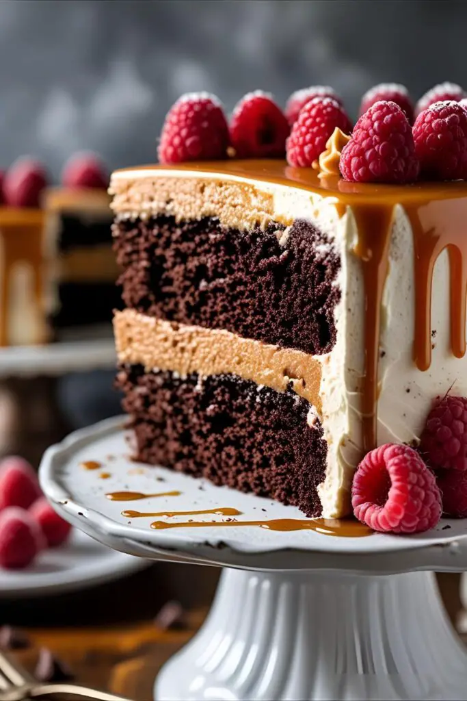 Side view of chocolate caramel cake with buttercream rosettes and raspberries