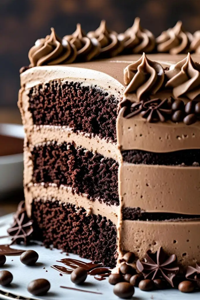 Side view of chocolate espresso cake decorated with chocolate shavings