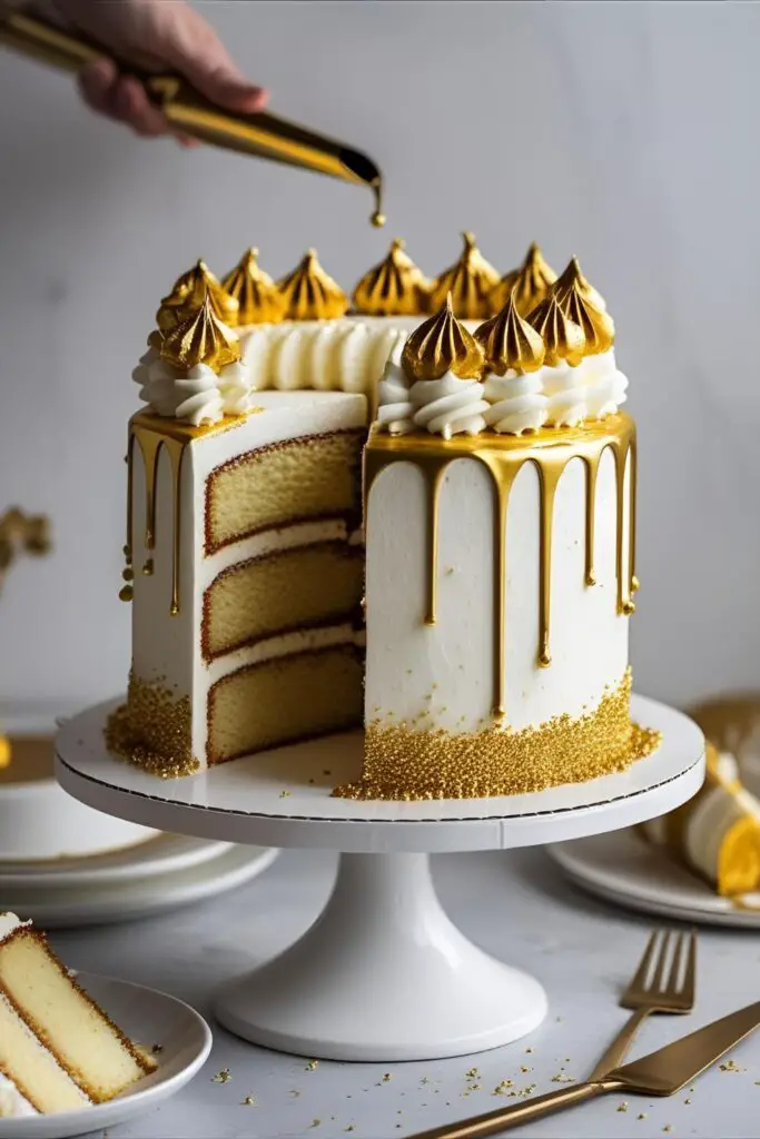 Elegant black cake with gold highlights on a cake stand, styled for celebration
