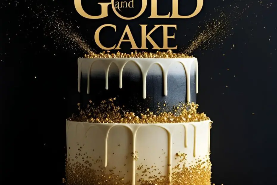 Black and Gold Cake decorated with edible gold dust and chocolate shards, styled elegantly