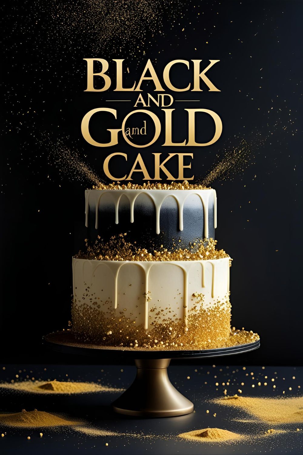 Black and Gold Cake decorated with edible gold dust and chocolate shards, styled elegantly