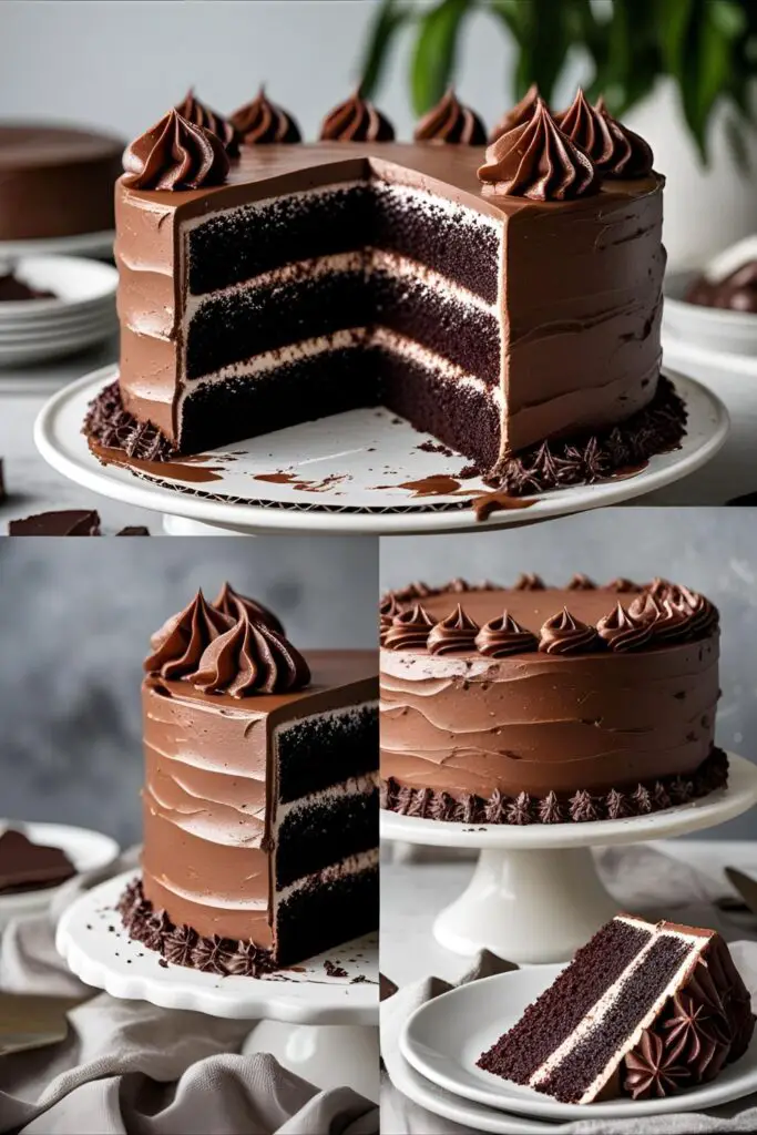 Side shot of black and white cake with smooth frosting layers