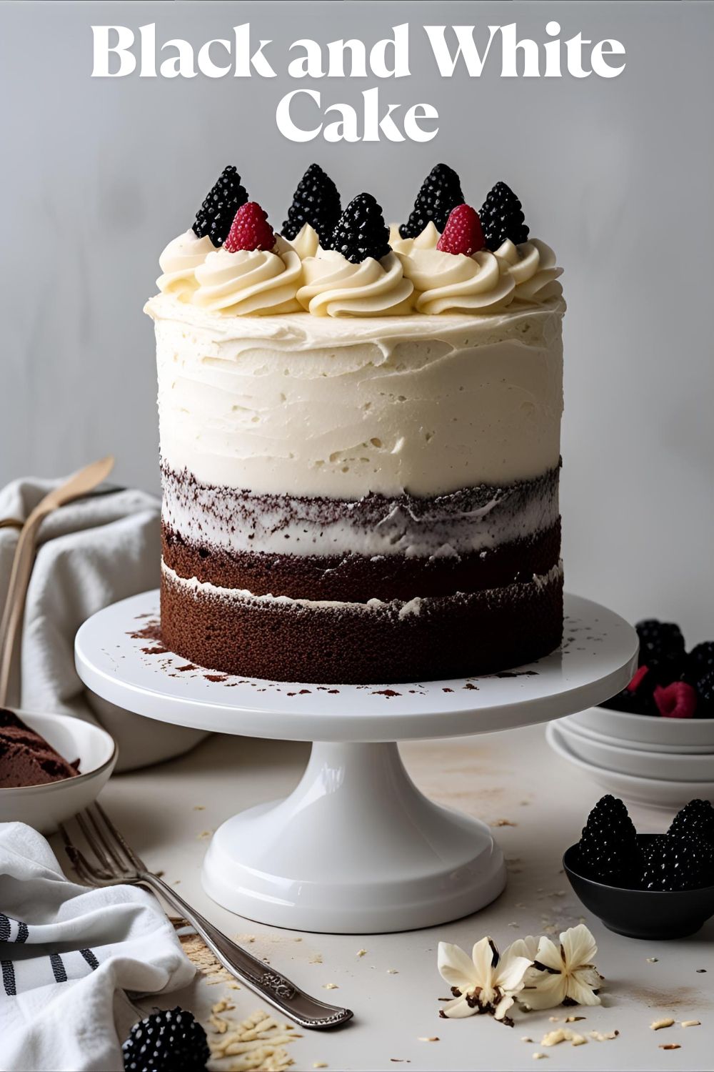 Elegant black and white layer cake with swirled frosting