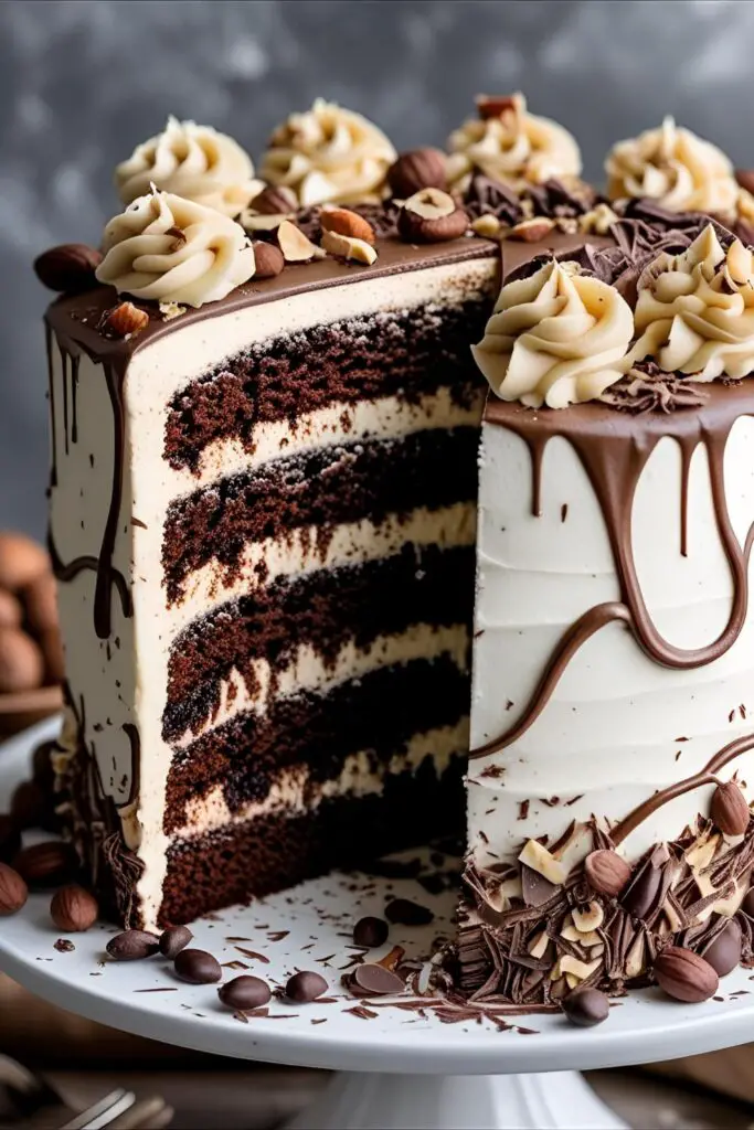 Side view of mocha buttercream cake with chocolate shavings and nuts