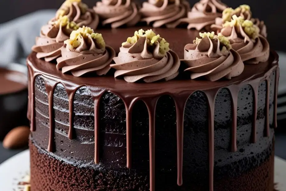 Dark chocolate cake with mocha frosting and nuts on top