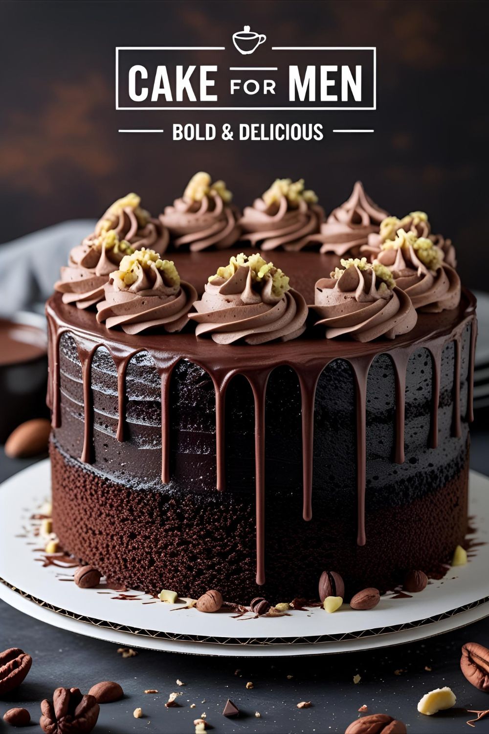 Dark chocolate cake with mocha frosting and nuts on top