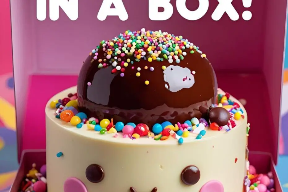 A Brazilian-style mini bento cake with chocolate brigadeiro topping in a takeaway box. Text overlay reads: "Party in a Box!"
