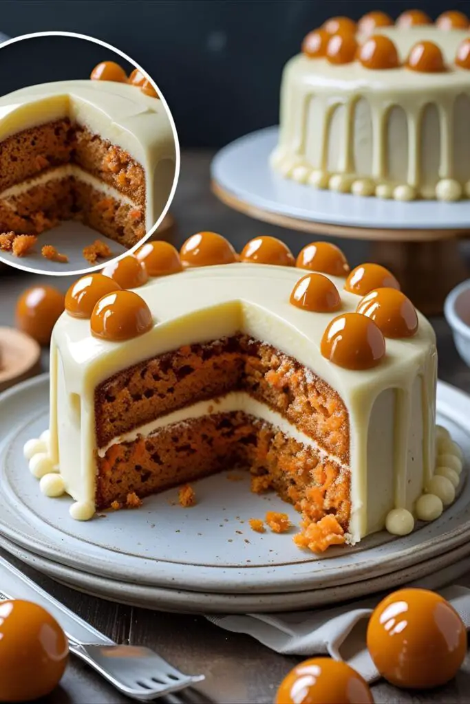The finished Bolo Bento Cake with chocolate topping, with a close-up inset image showcasing the bright orange carrot cake interior.