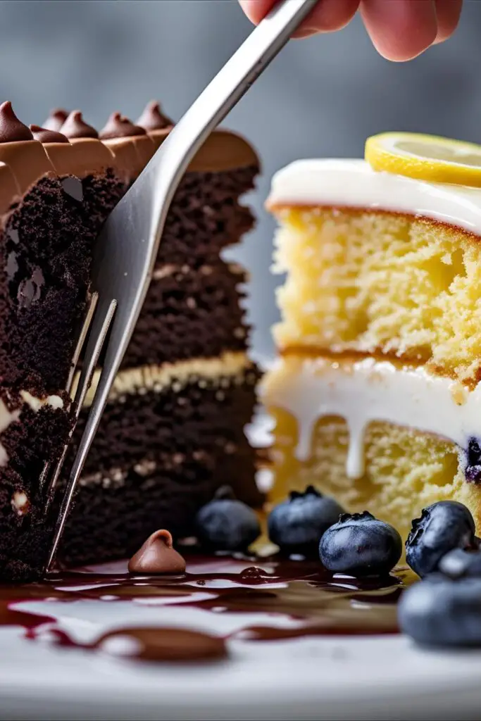 A close-up shot of two different cake slices made from box mix hacks: one rich chocolate cake and one lemon blueberry cake, showcasing their moist texture.